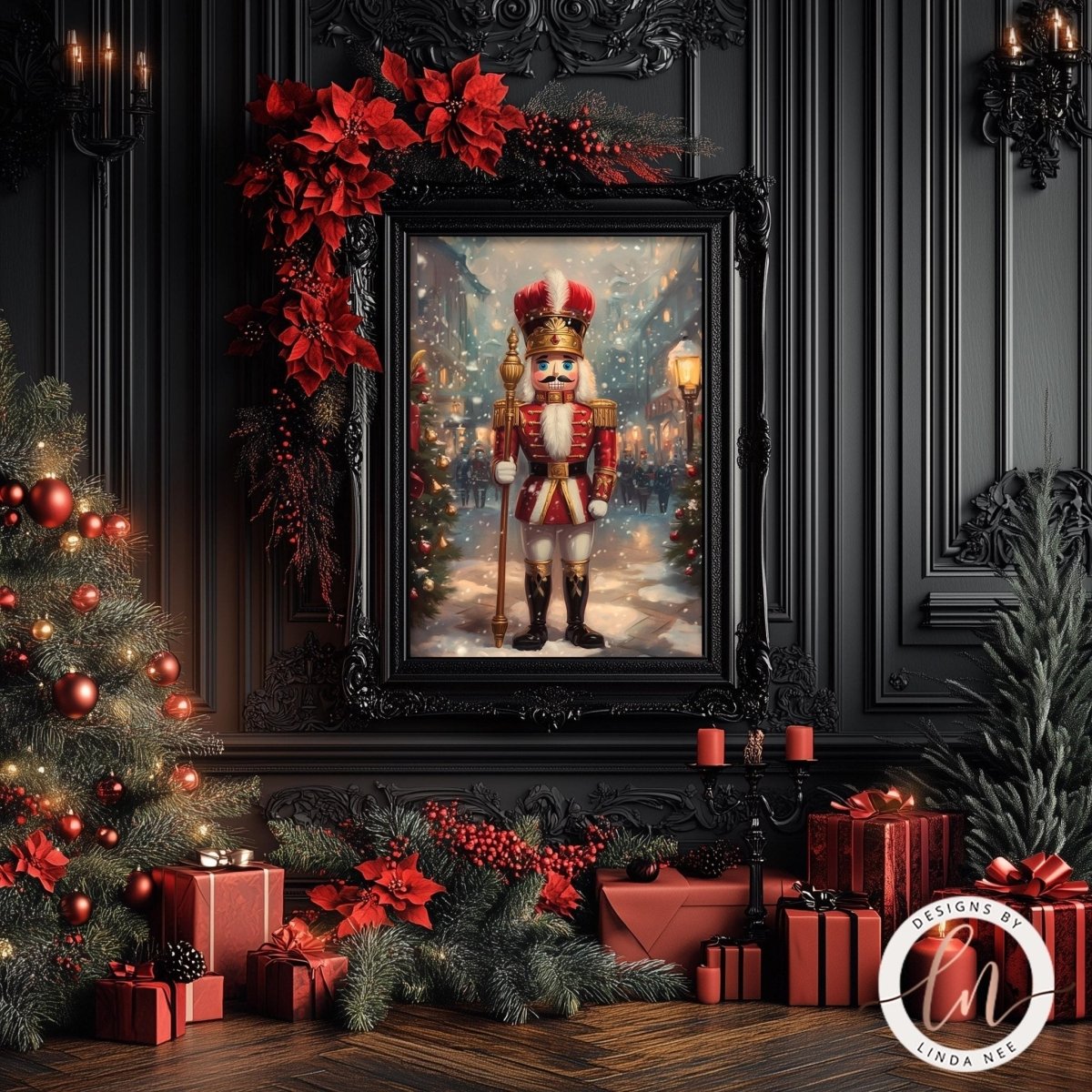 Nutcracker Christmas print displayed with poinsettias and wrapped presents