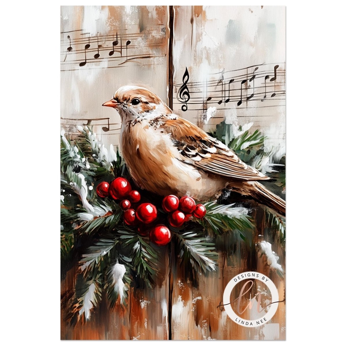 Dove on a berry branch with pine branches and a musical staff behind