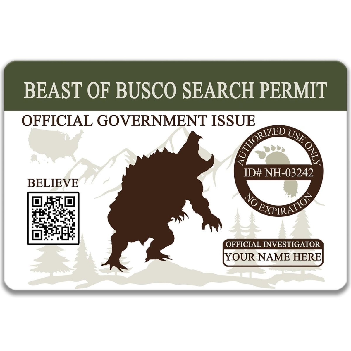 The image is a sticker or permit for a "BEAST OF BUSCO SEARCH PERMIT" issued by the "OFFICIAL GOVERNMENT ISSUE". The sticker features a silhouette of a bear and includes a QR code, a barcode, and a QR code. The sticker also includes a QR code for the "OFFICIAL INVESTIGATOR" to be filled in with the user's name.