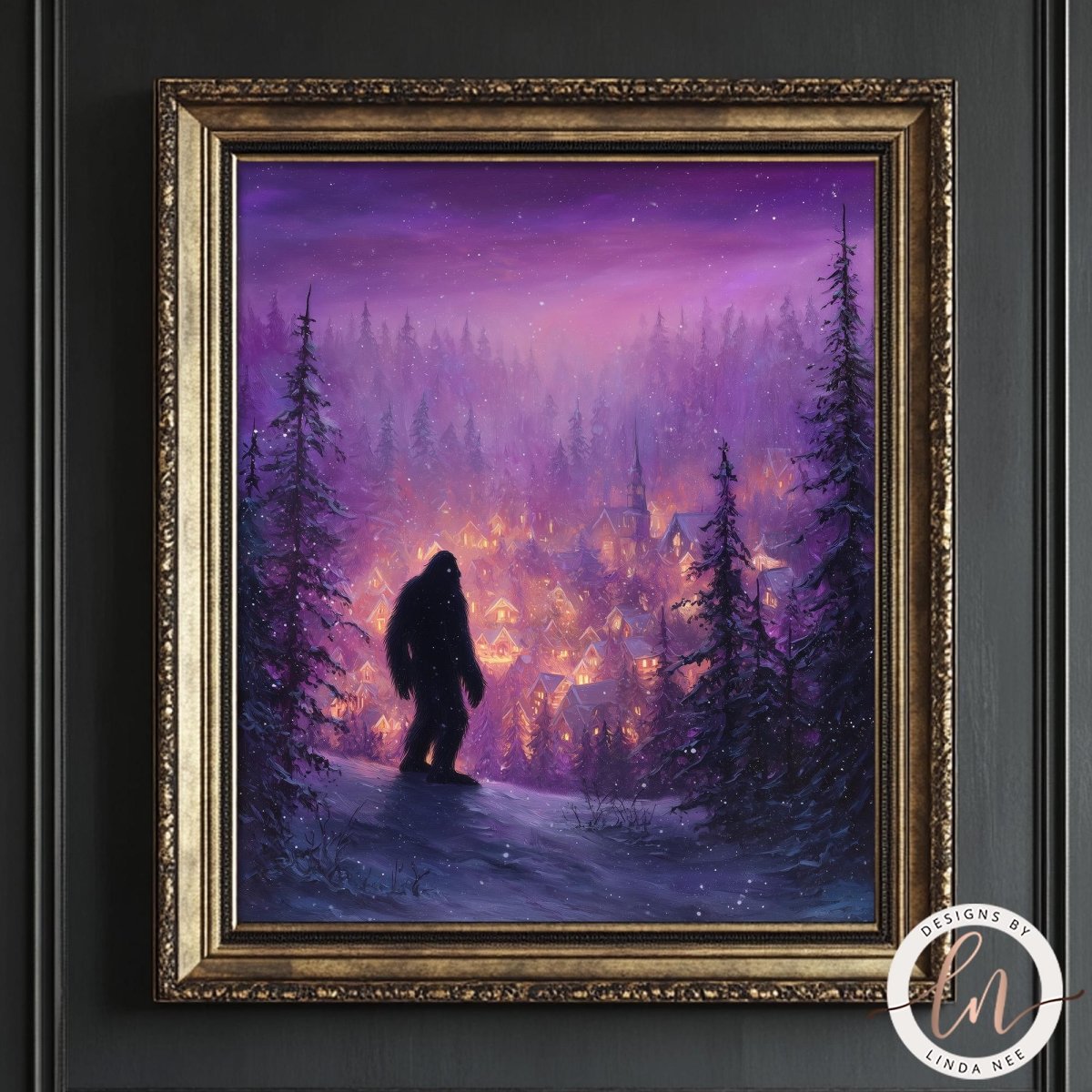 Dark Sasquatch silhouette in a snowy forest at night with a lit village beyond