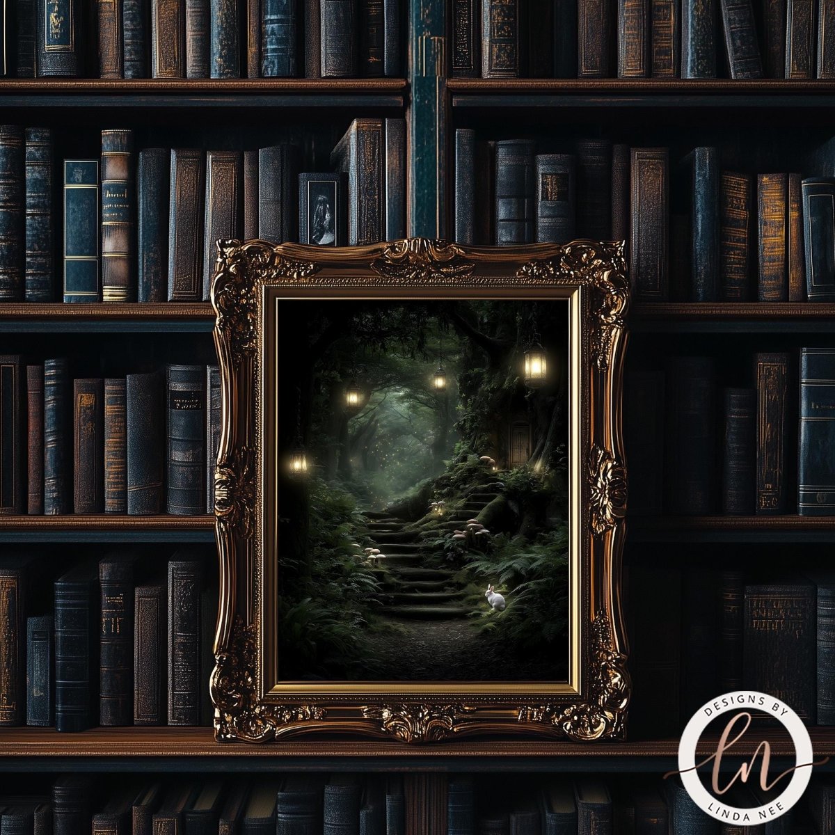 a dark, mysterious forest scene with a winding path leading through the trees, illuminated by a series of small lights. The scene is framed in an ornate gold frame, which is placed on a bookshelf filled with books.