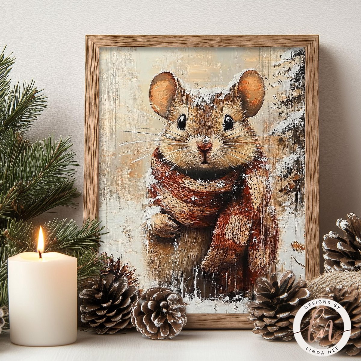 a painting of a brown mouse wearing a red scarf, surrounded by pine cones and a lit candle, creating a cozy and festive atmosphere.