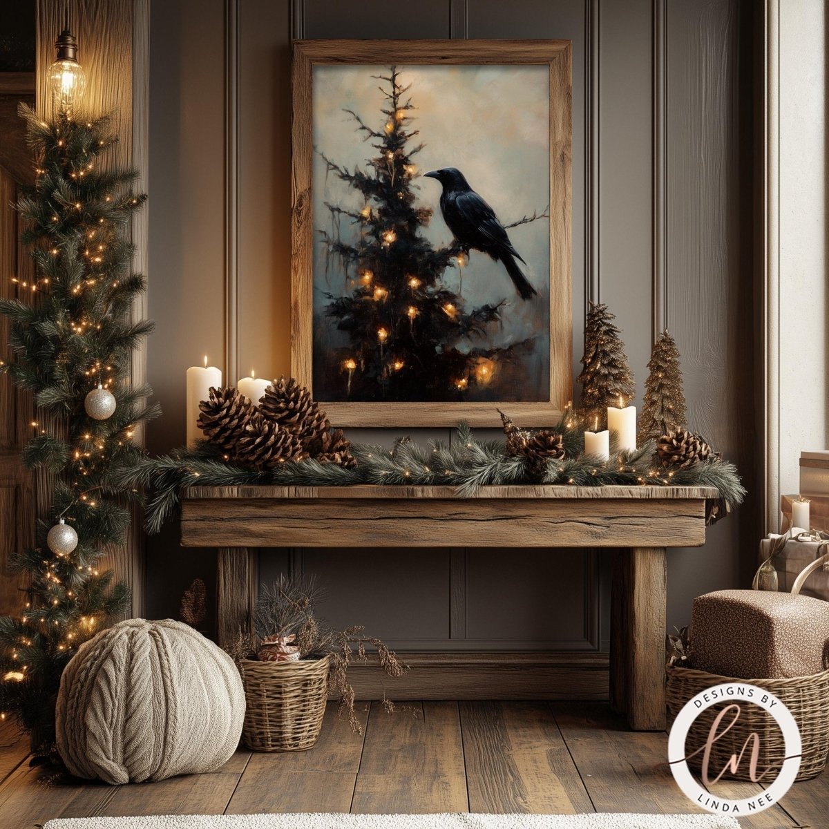 Raven wall art above a console table styled with pine cones and a wreath