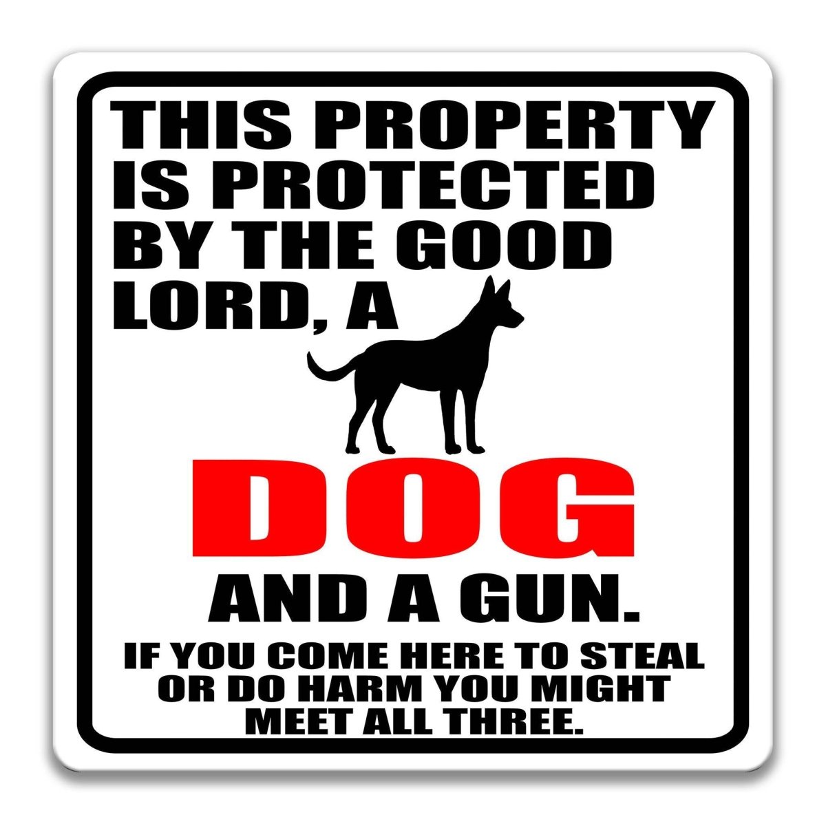 a sign that reads "THIS PROPERTY IS PROTECTED BY THE GOOD LORD, A DOG, AND A GUN. IF YOU COME HERE TO STEAL OR DO HARM YOU MIGHT MEET ALL THREE."