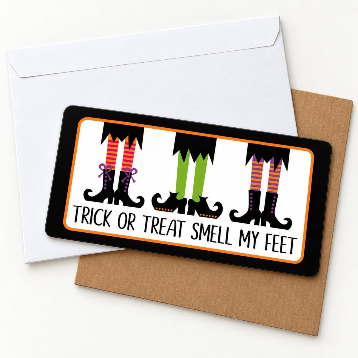 Close view of the Trick or Treat Smell My Feet sign artwork