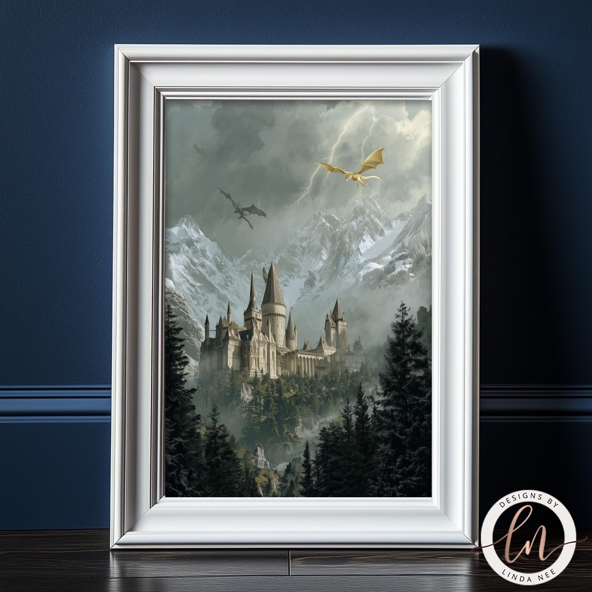 A framed painting depicting a castle surrounded by a misty, mountainous landscape with a dragon flying overhead.