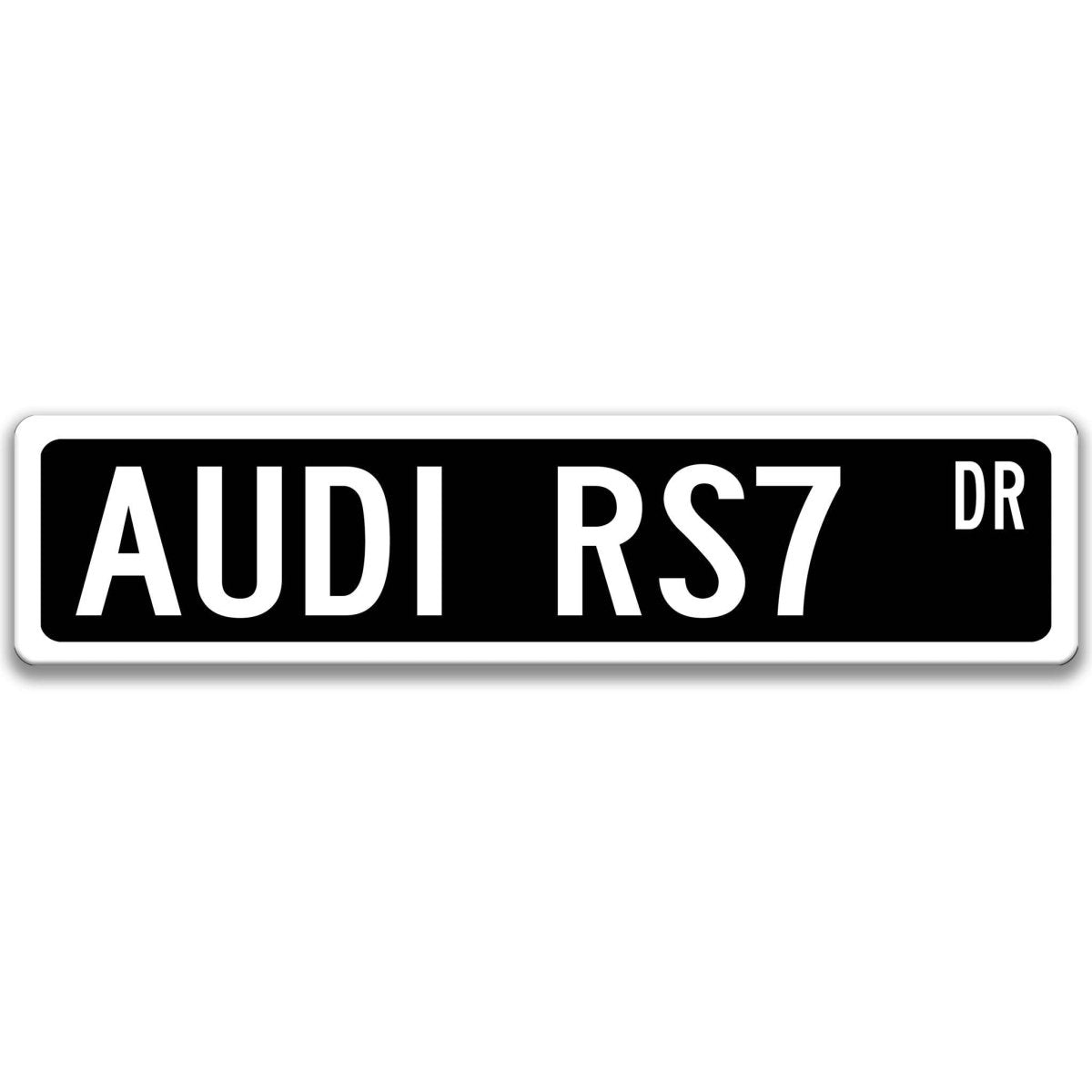 Black Audi RS7 Avant DR aluminum street sign with white lettering
