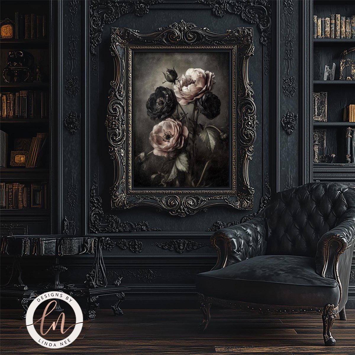 a dark, elegant room with a large, ornate painting of roses hanging on the wall. The painting is framed in an elaborate, gilded frame, adding a touch of opulence to the space. In the foreground, there is a black leather armchair, and a bookshelf filled with books can be seen in the background. The overall atmosphere of the room is sophisticated and refined, with the combination of the painting, the armchair, and the bookshelf creating a harmonious and visually appealing interior design.
