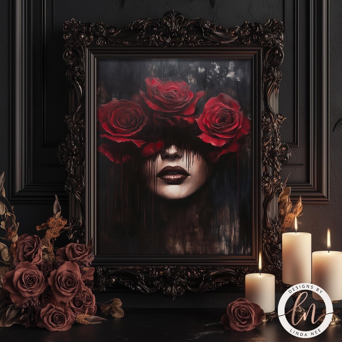 a dark, moody portrait of a woman's face with red roses framing it, set against a dark background. The roses are arranged in a decorative manner, with three roses prominently displayed in the center of the frame. The overall composition creates a sense of mystery and intrigue.