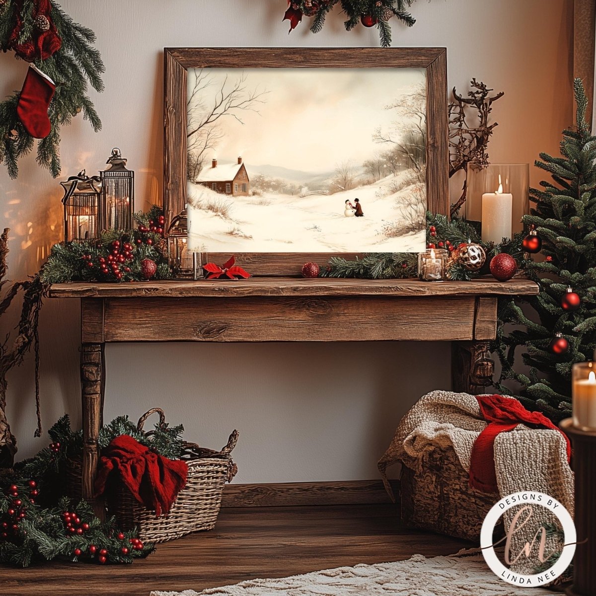 Cabin in the snowy distance print styled with a lit candle