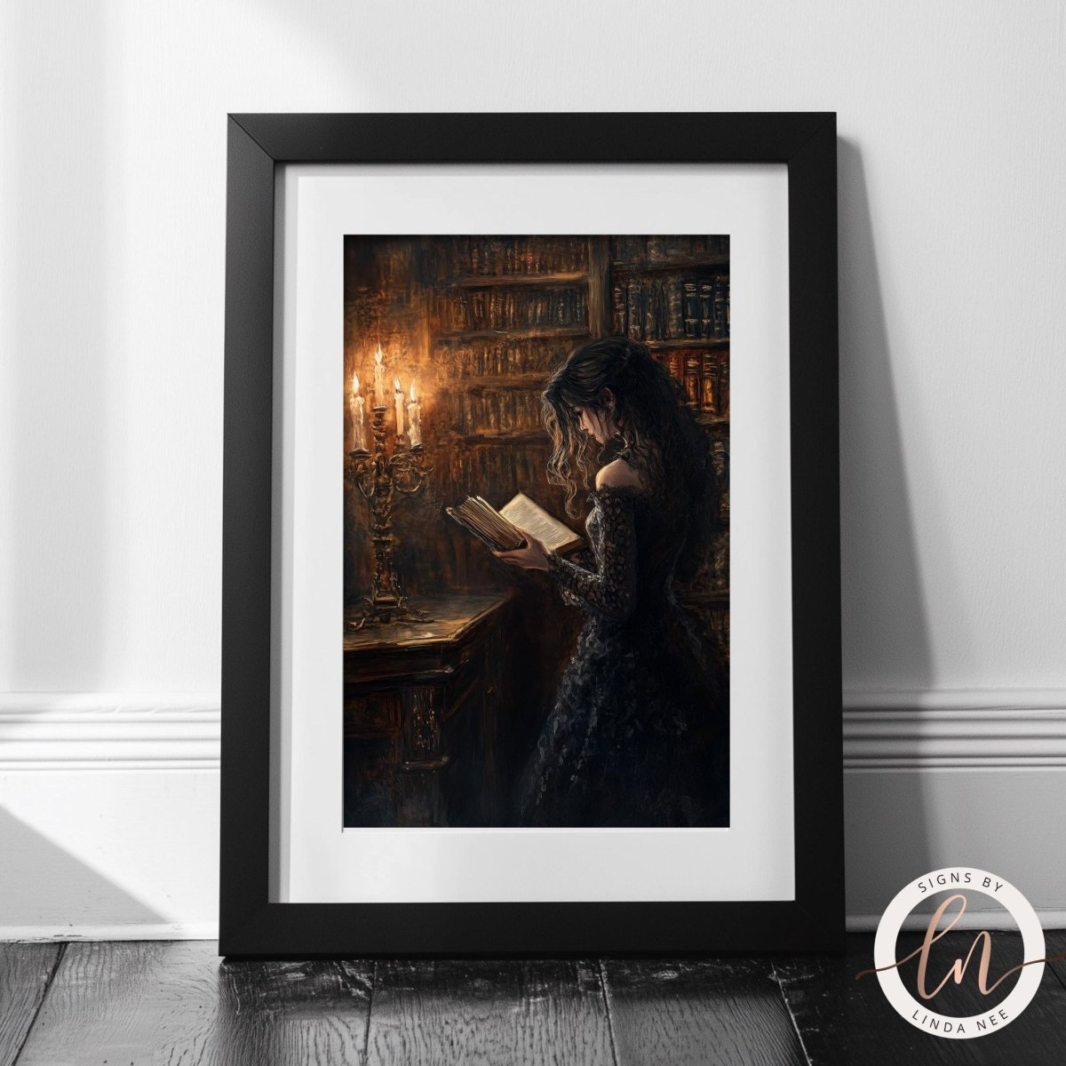 Candlelit library reading print displayed with dim ambient lighting