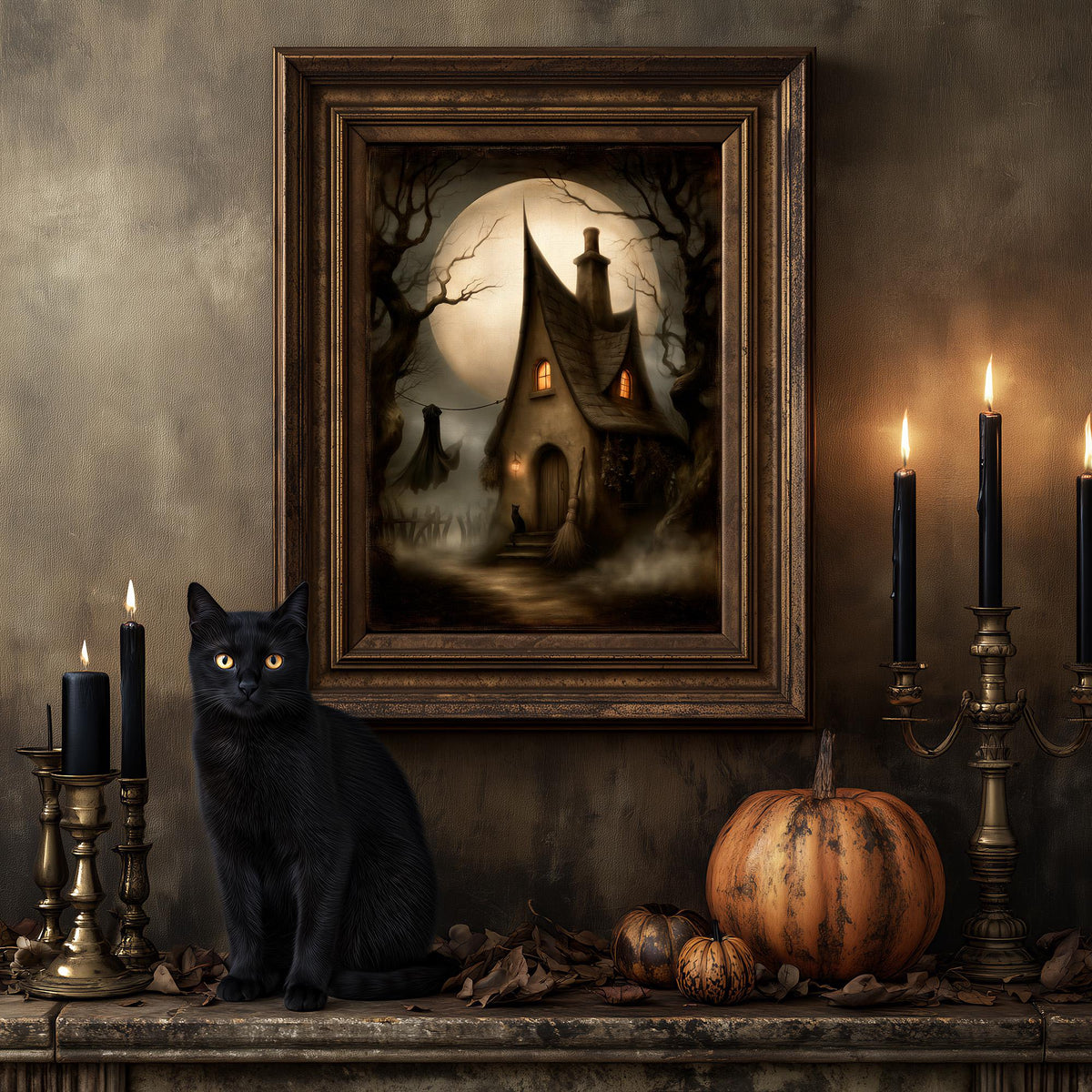 Black cat on a mantel beneath the witch cottage print and a gothic candelabra