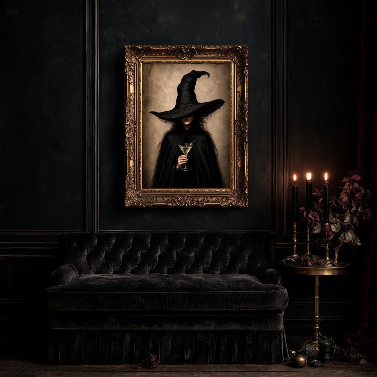 Oversized witch martini portrait above a black velvet sofa in a dim, moody room