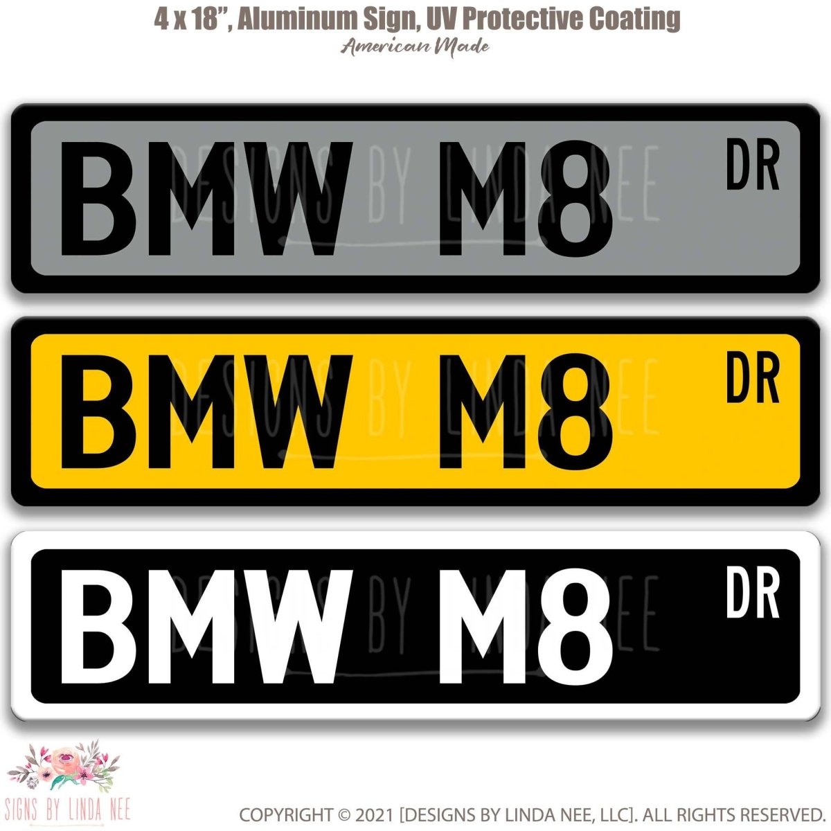 BMW M8 DR street name sign shown in three aluminum color options