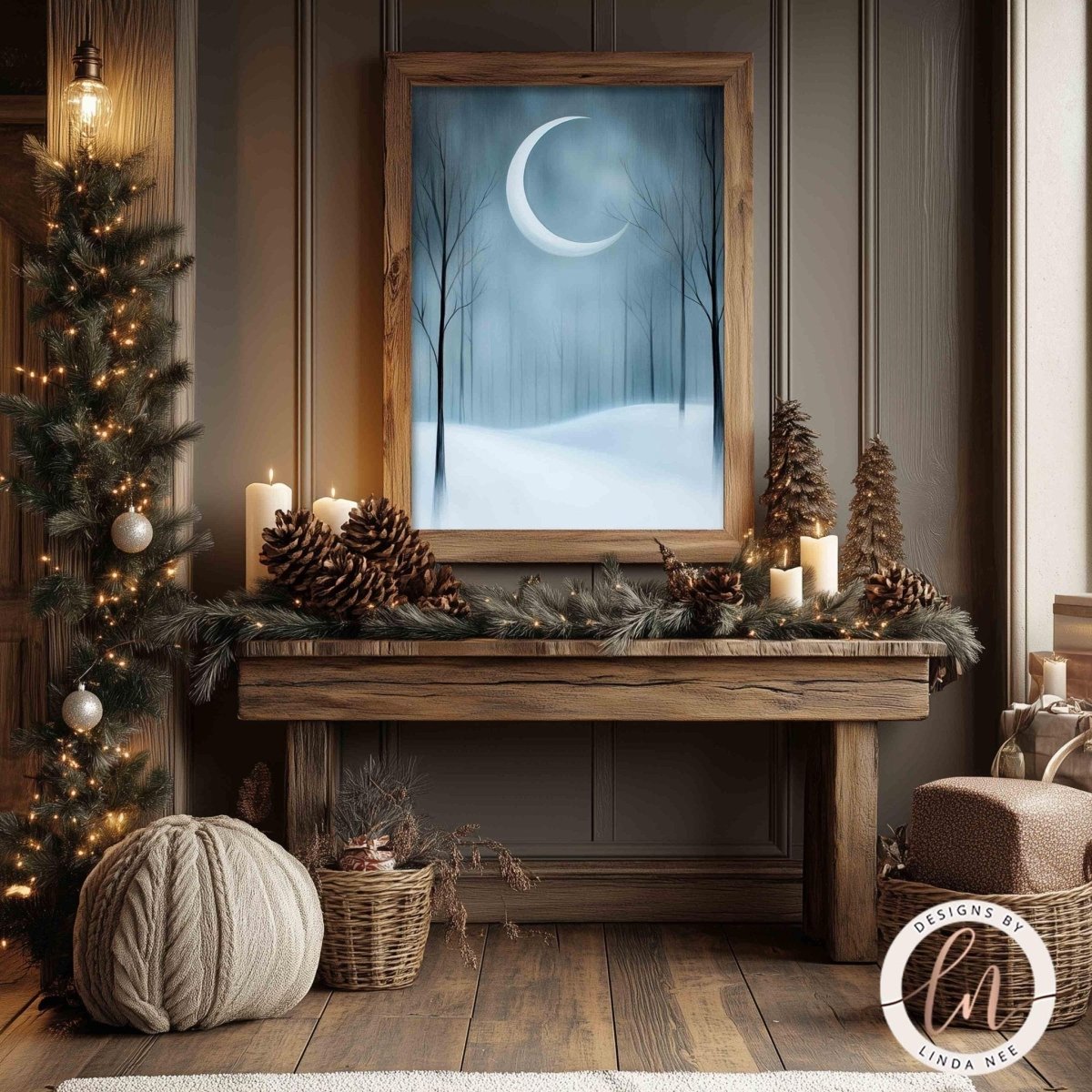 Moonlit forest print styled on a table with pine cones and lit candles