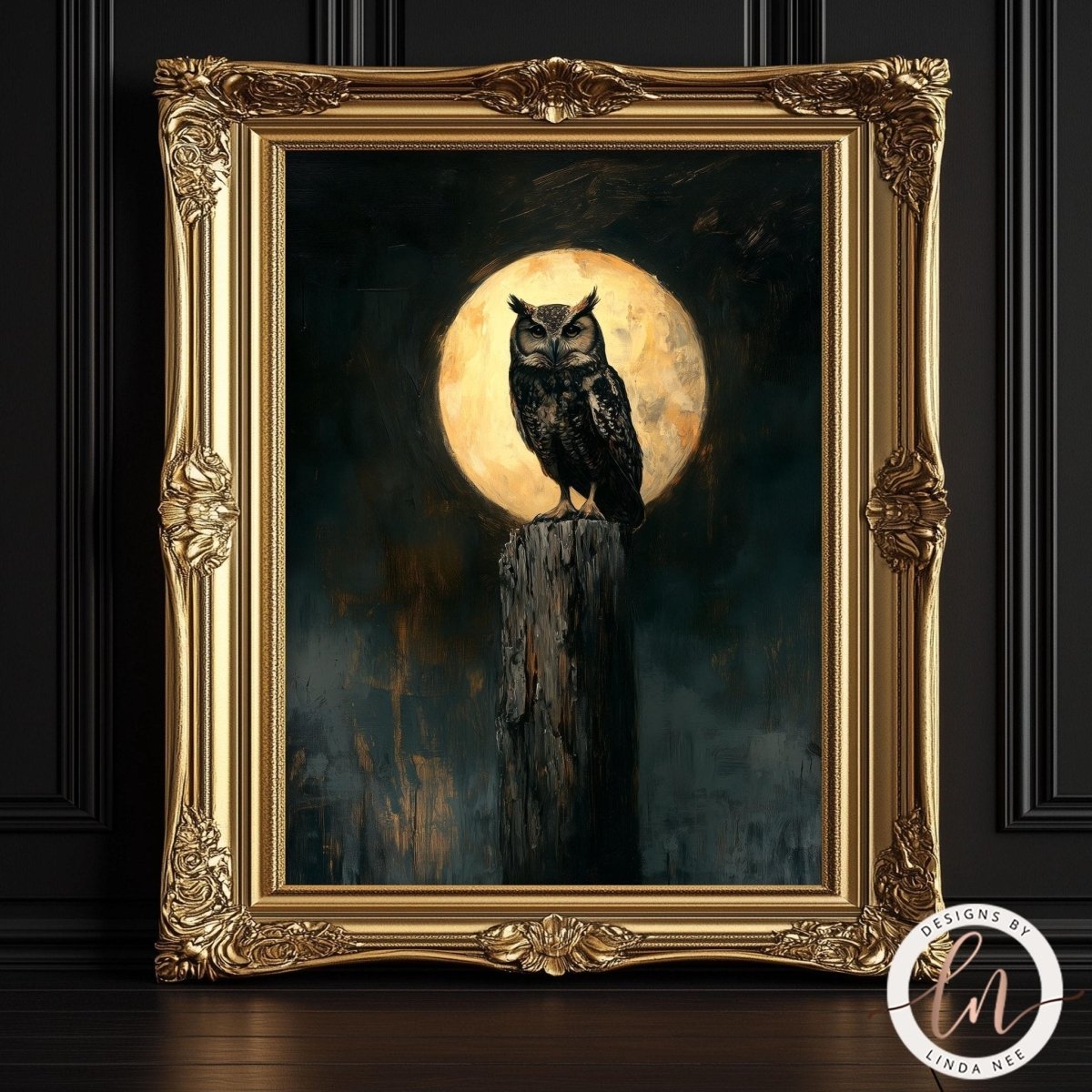 Owl perched on a wooden post beneath a glowing full moon