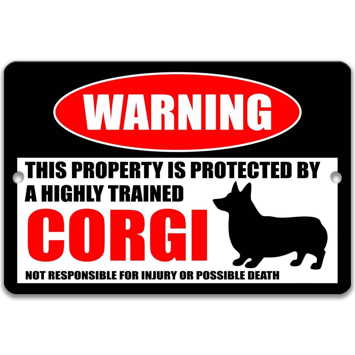Corgi warning metal sign on glossy black, red WARNING oval and short-legged corgi silhouette