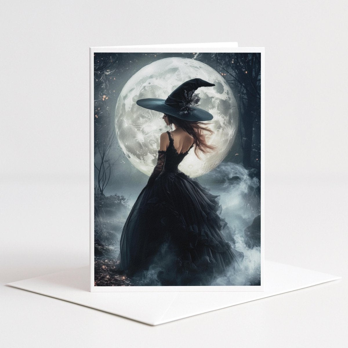 Witch in a black gown before an enormous full moon in mist, 5x7 blank note card