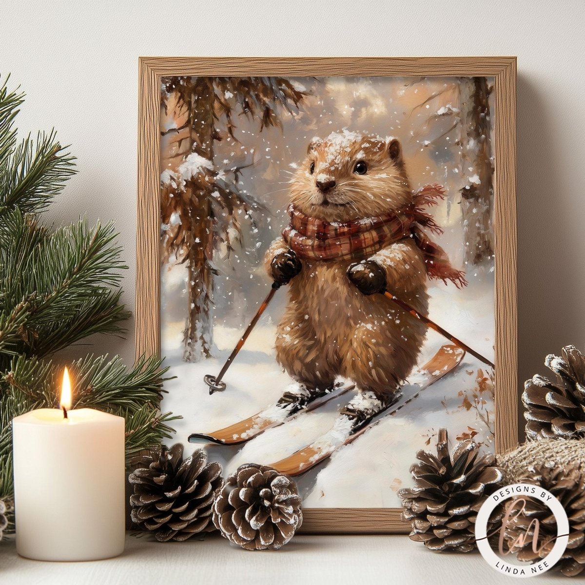 A framed painting of a brown squirrel skiing on a snowy slope, wearing a red scarf and holding ski poles, surrounded by pine cones and a lit candle.