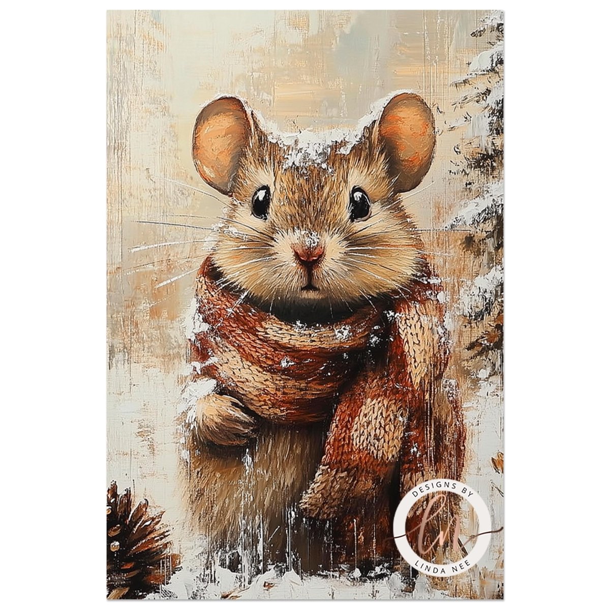 A close-up of a brown mouse wearing a red and white striped scarf, with snow on its fur, against a snowy background.