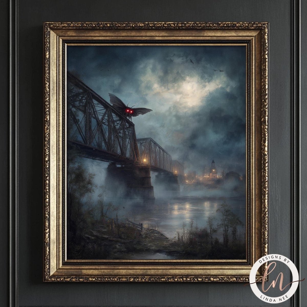 The image is a painting of a bridge with a large butterfly-like creature flying over it, set against a dark, misty background.