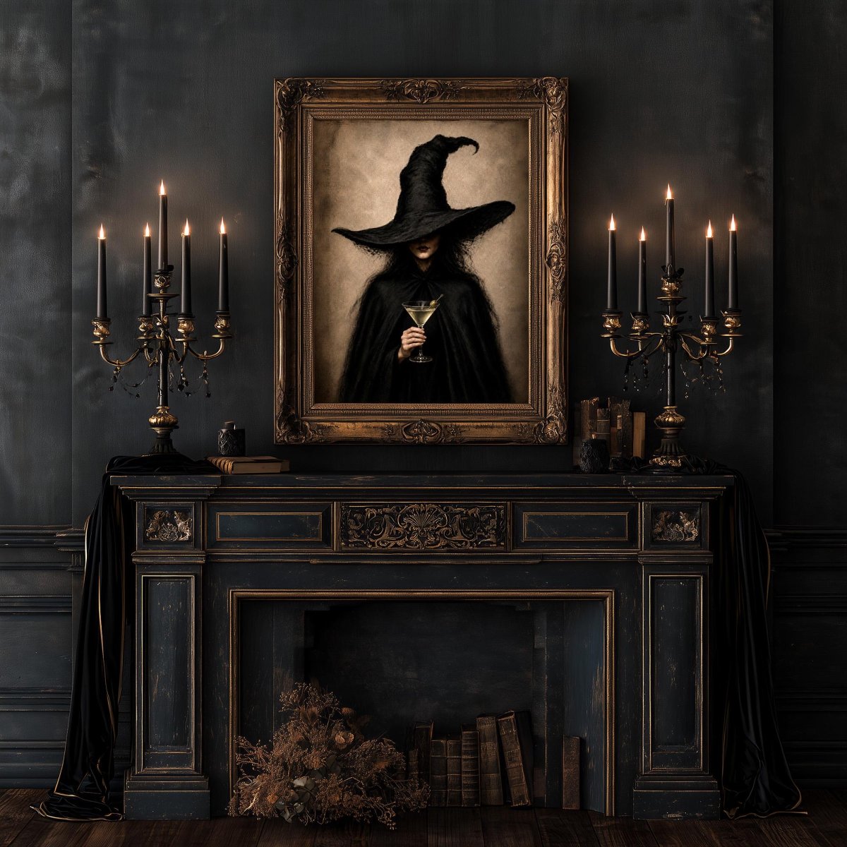 Witch portrait art print above a fireplace with a book, candle holder, and chandelier overhead