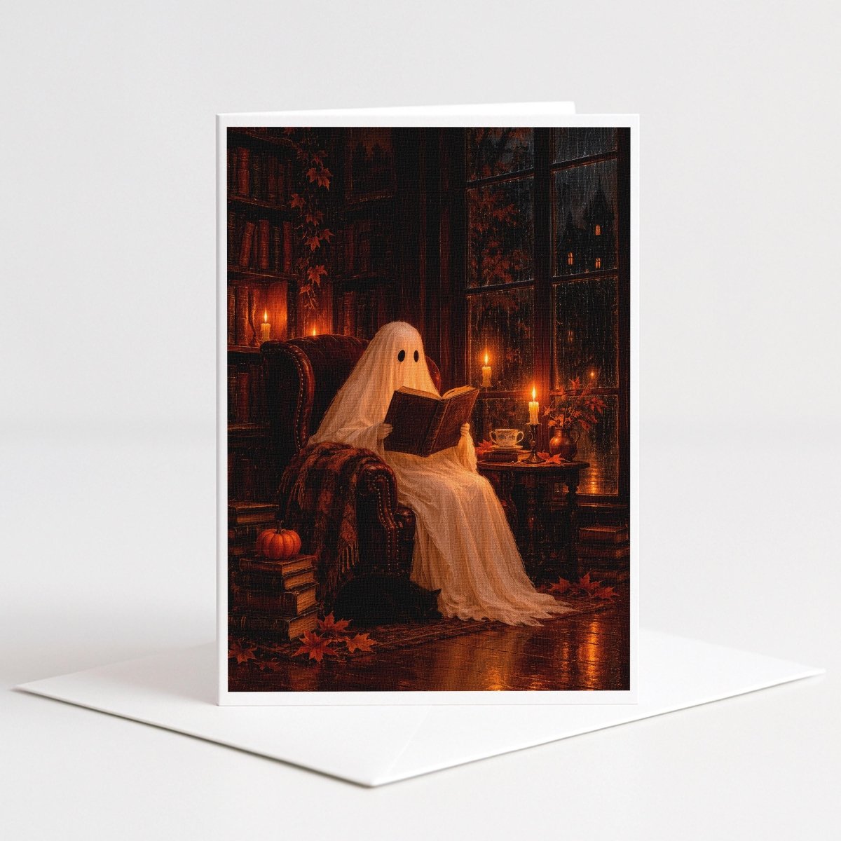 Ghost reading a book in a deep armchair by candlelight and a rainy window, Halloween note card art