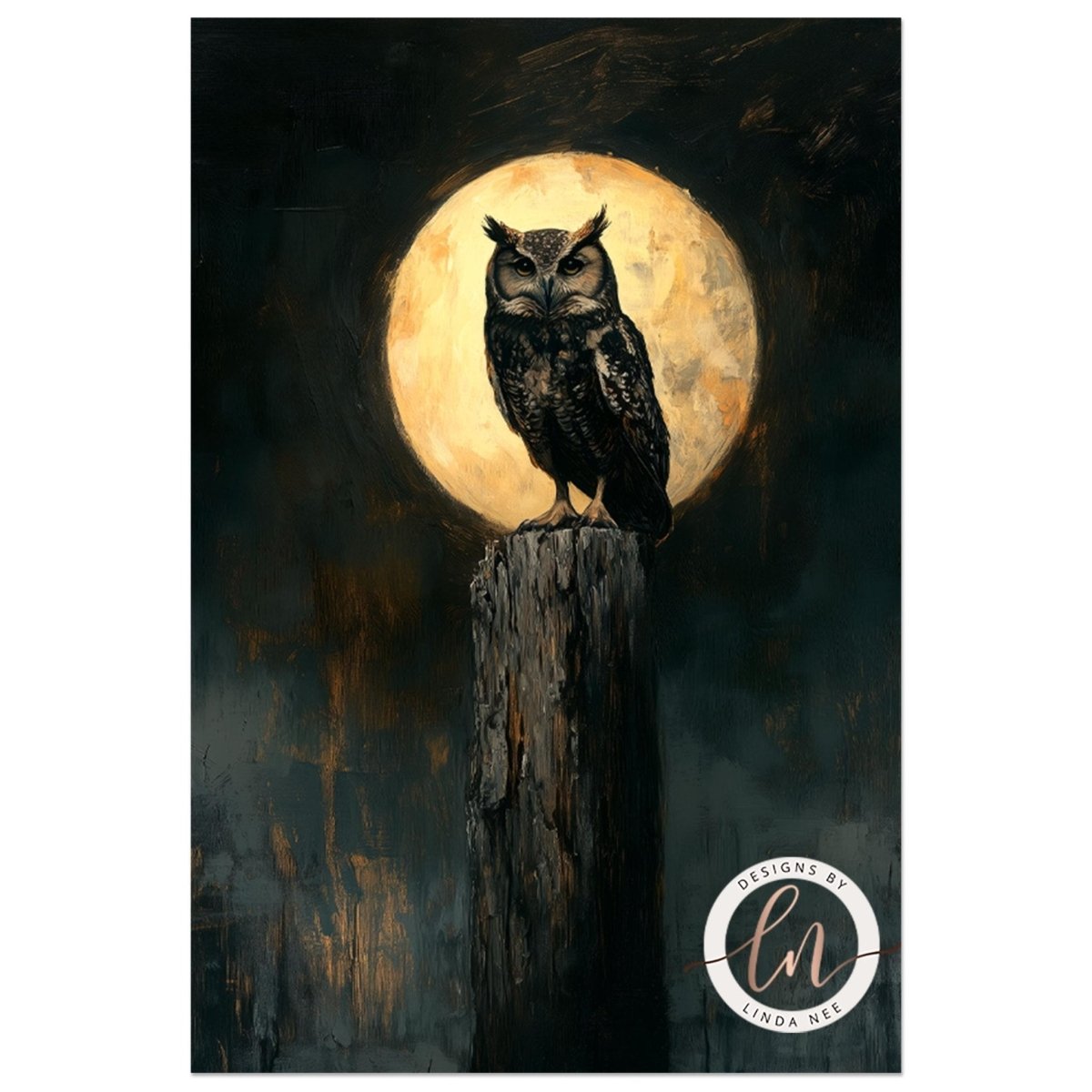 Owl under full moon print displayed in a room with a leather armchair