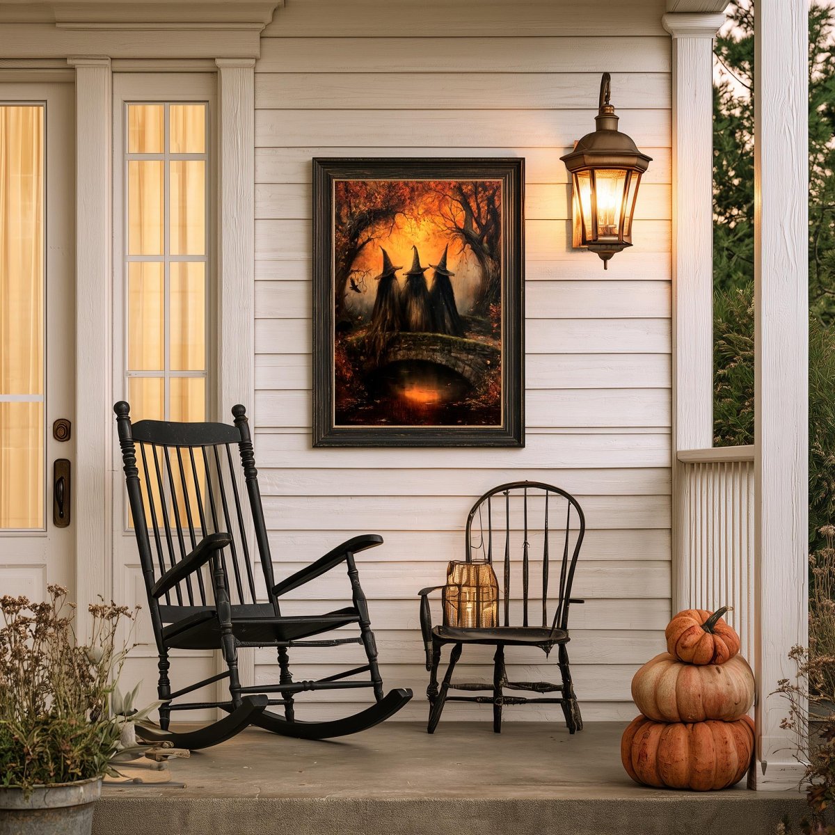 Autumn witches art print on a porch wall above a rocking chair and pumpkins