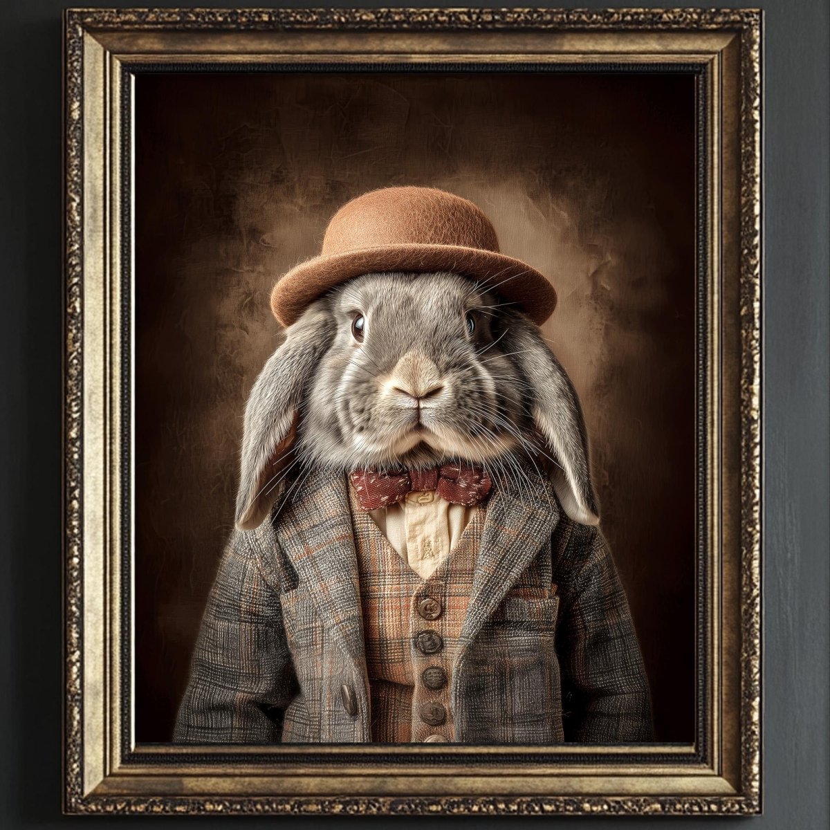A rabbit wearing a hat and a suit, with a bow tie, is depicted in a framed image.