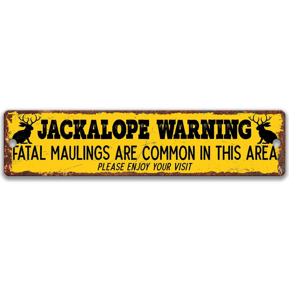 Jackalope warning metal sign, yellow national-park style, fatal maulings are common in this area, please enjoy your visit, flanked by jackalope silhouettes