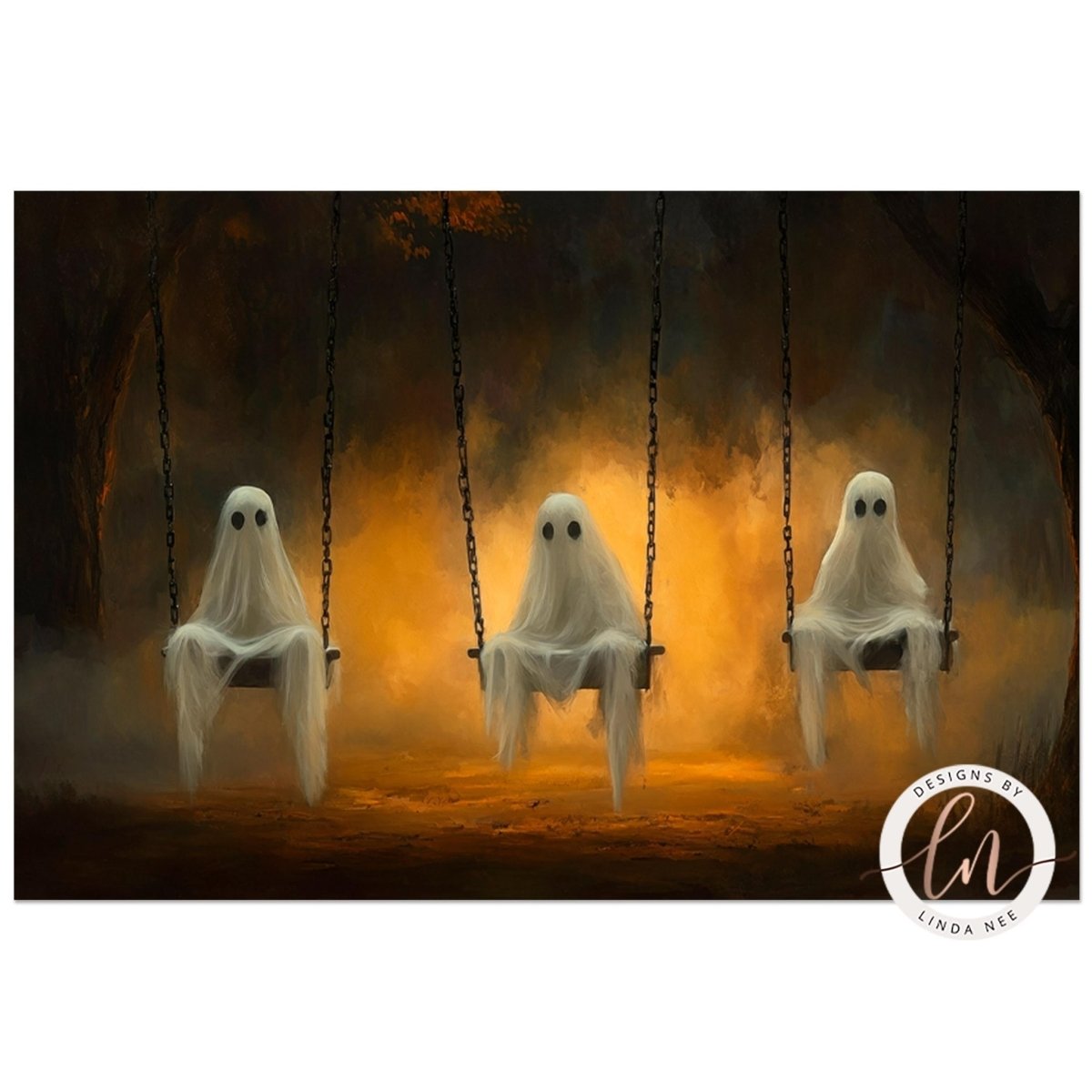 Ghosts on swings artwork suspended in a foggy forest setting