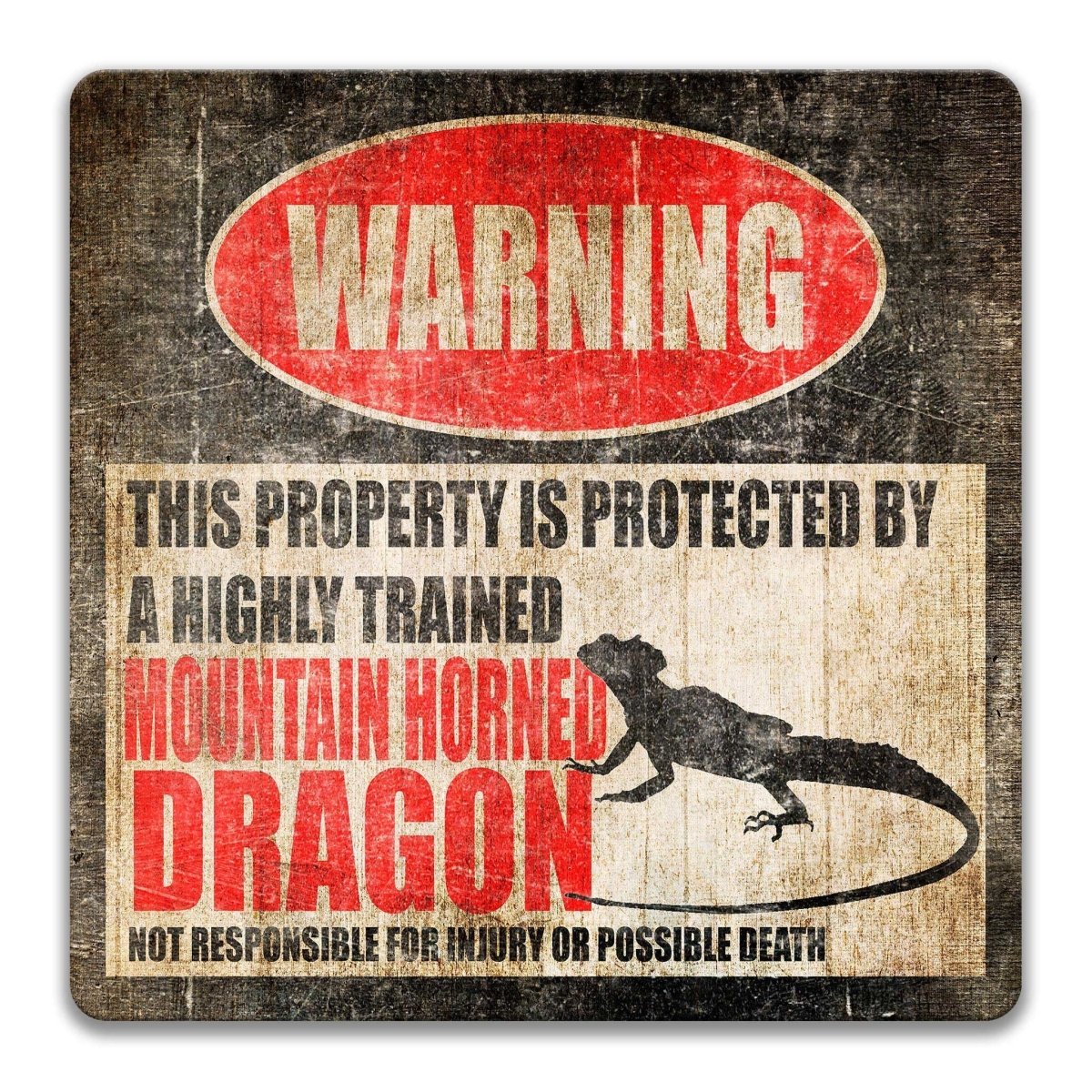 Mountain Horned Dragon property warning sign, novelty Mountain Horned Dragon-owner gag, highly trained Mountain Horned Dragon joke with mountain horned dragon lizard silhouette