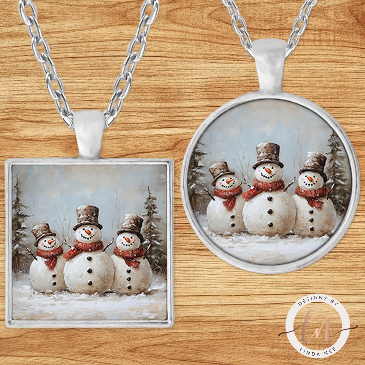 Three Snowmen Vintage Christmas Pendant Necklace