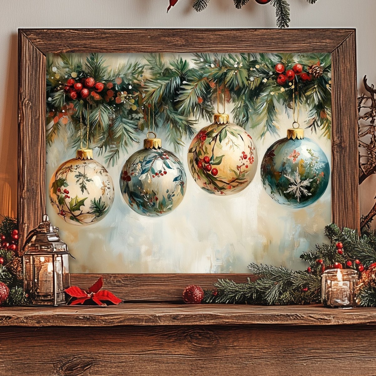 Four ornate glass Christmas ornaments hanging from a berried branch