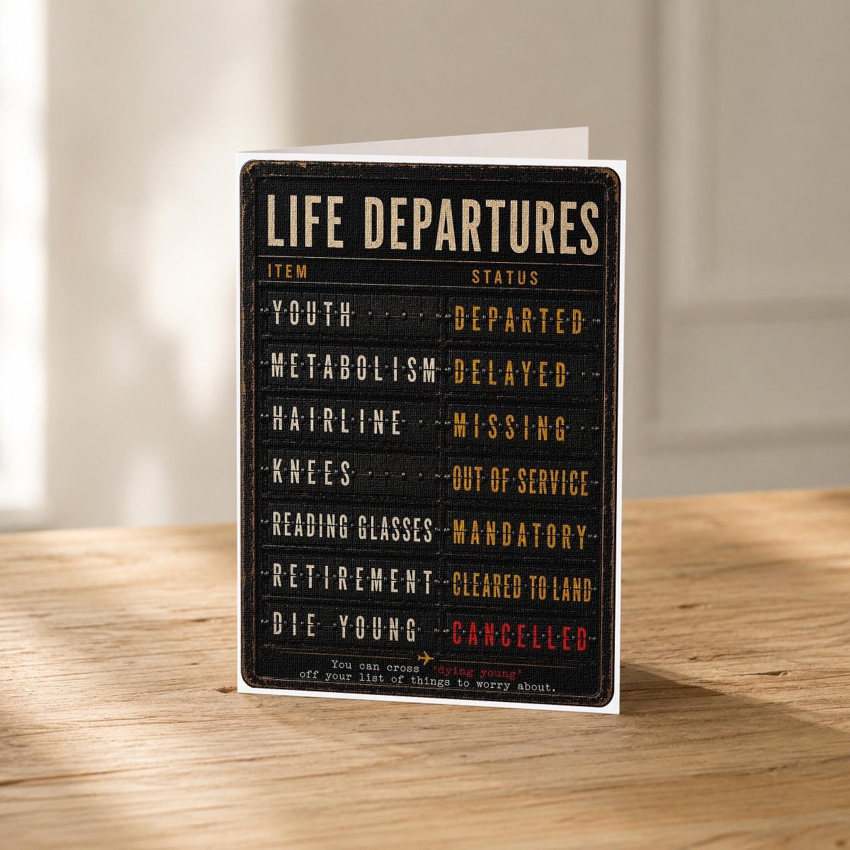 Close-up of the Life Departures Funny 40th Birthday Card showing the departures-board design in gold and red.