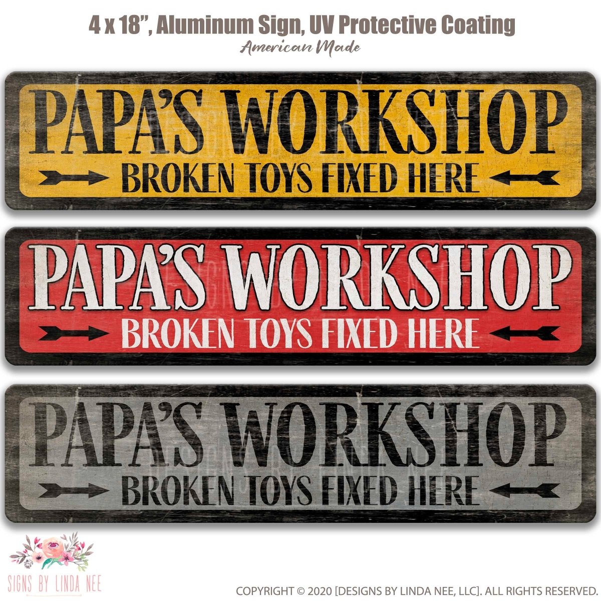 three signs that say "Papa's Workshop Broken Toys Fixed Here" in different colors: yellow, red, and gray.