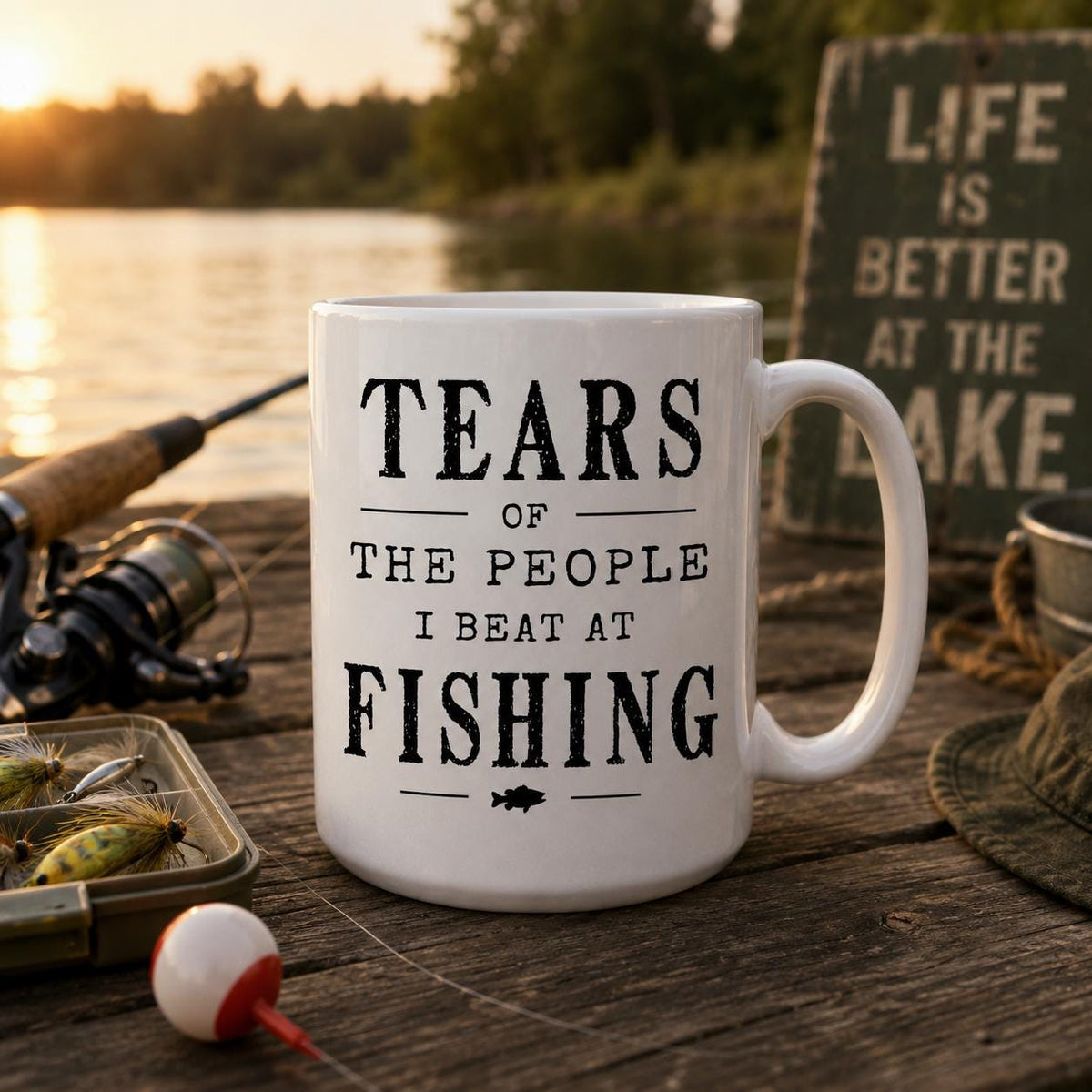 Fishing mug on a wooden surface beside fishing gear and a small sign, quote facing out
