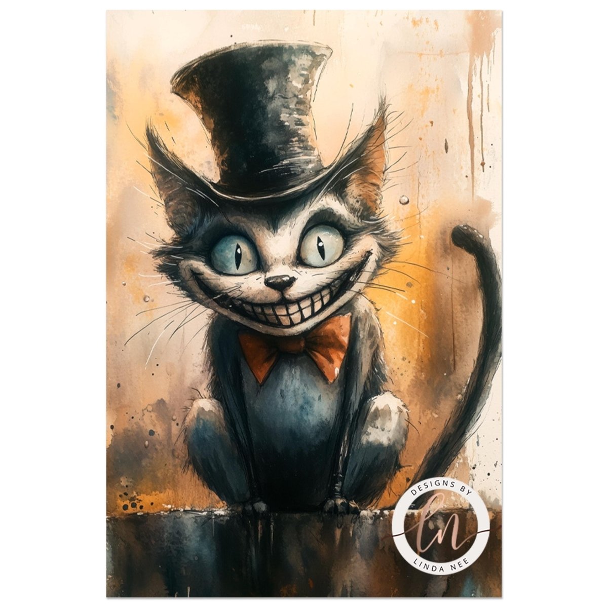 Whimsical Cheshire cat illustration with a wide mischievous smile