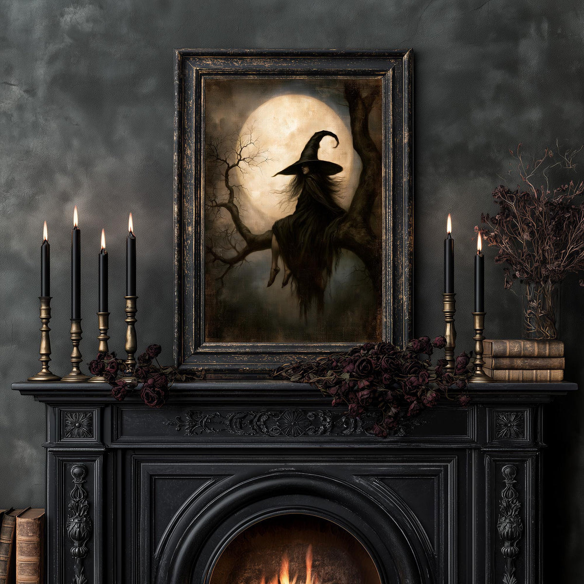 Witchcore print displayed among lit candles and a dark floral arrangement