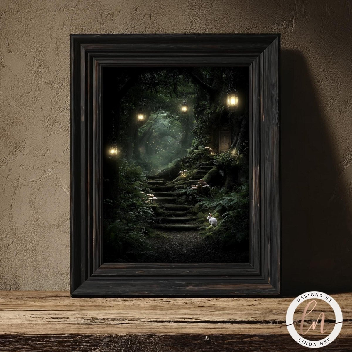 A framed painting depicting a serene forest scene with a winding path leading through the lush greenery and illuminated by the soft glow of lanterns hanging from the trees.