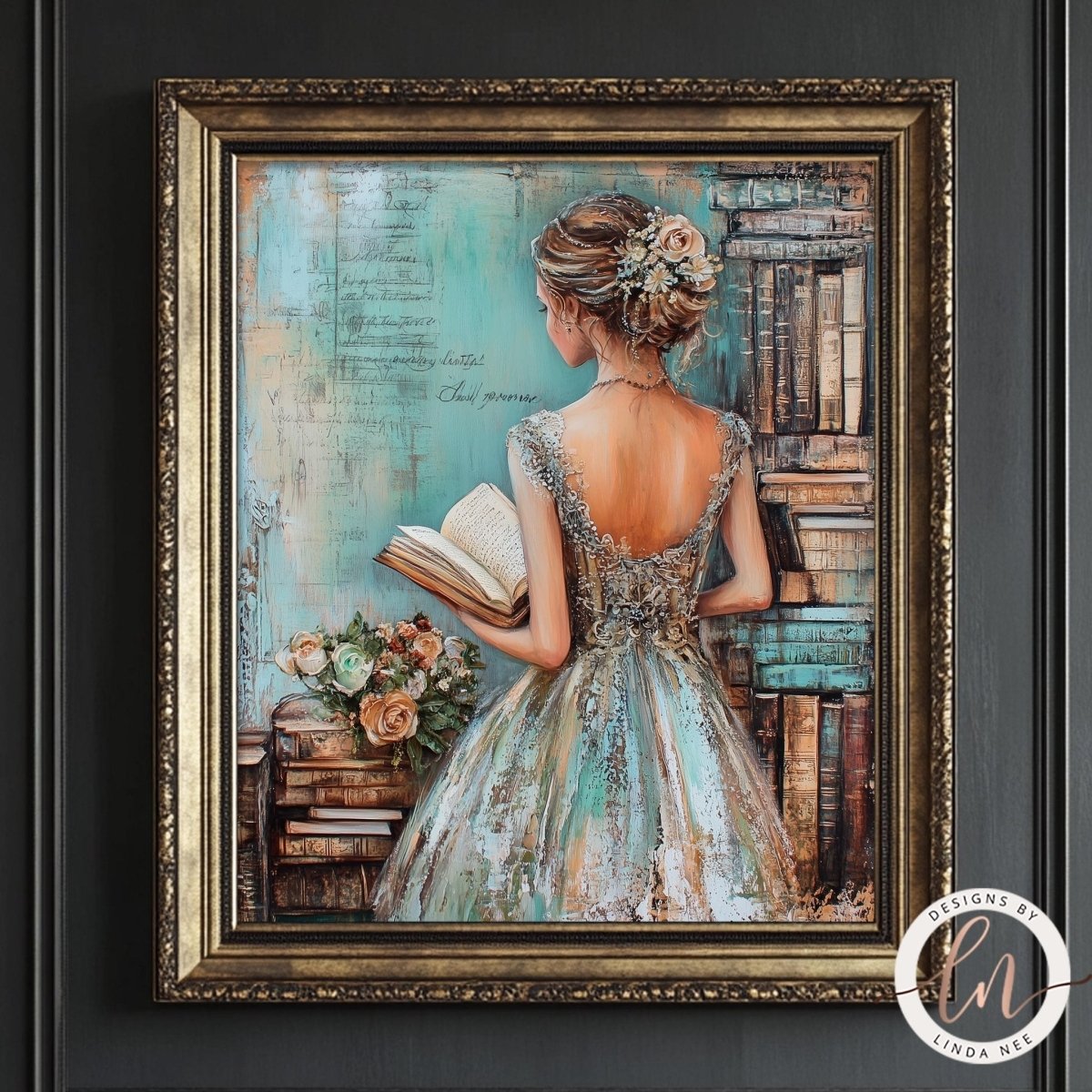 The image is a framed painting depicting a woman in a flowing, ornate dress holding a book and surrounded by a bookshelf filled with books.