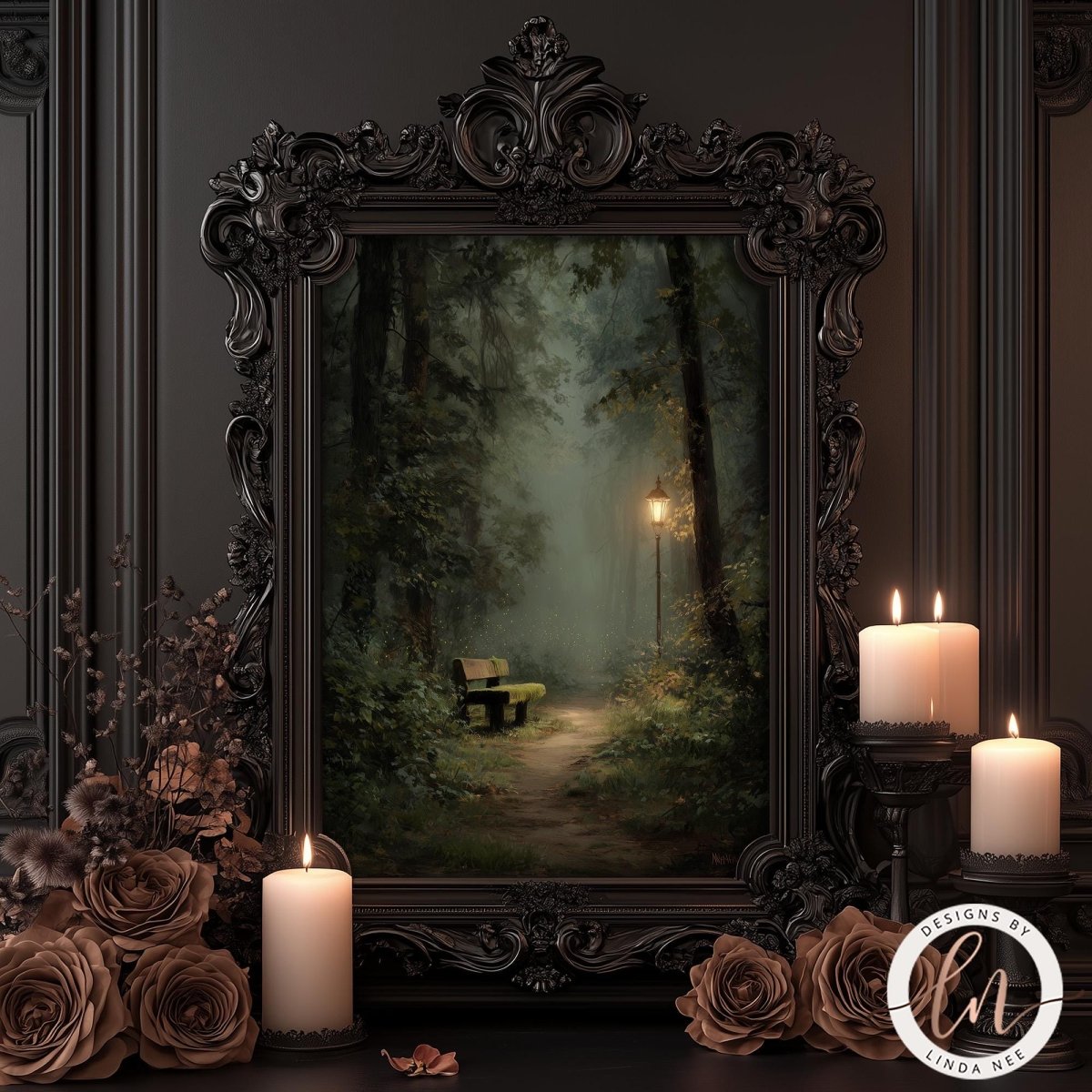 a painting of a serene forest path with a bench, surrounded by a dark, ornate frame. The painting is set against a dark background, creating a sense of mystery and tranquility. The frame is adorned with intricate carvings and details, adding to the overall aesthetic appeal of the scene. In the foreground, there are lit candles and a bouquet of roses, further enhancing the ambiance of the scene.