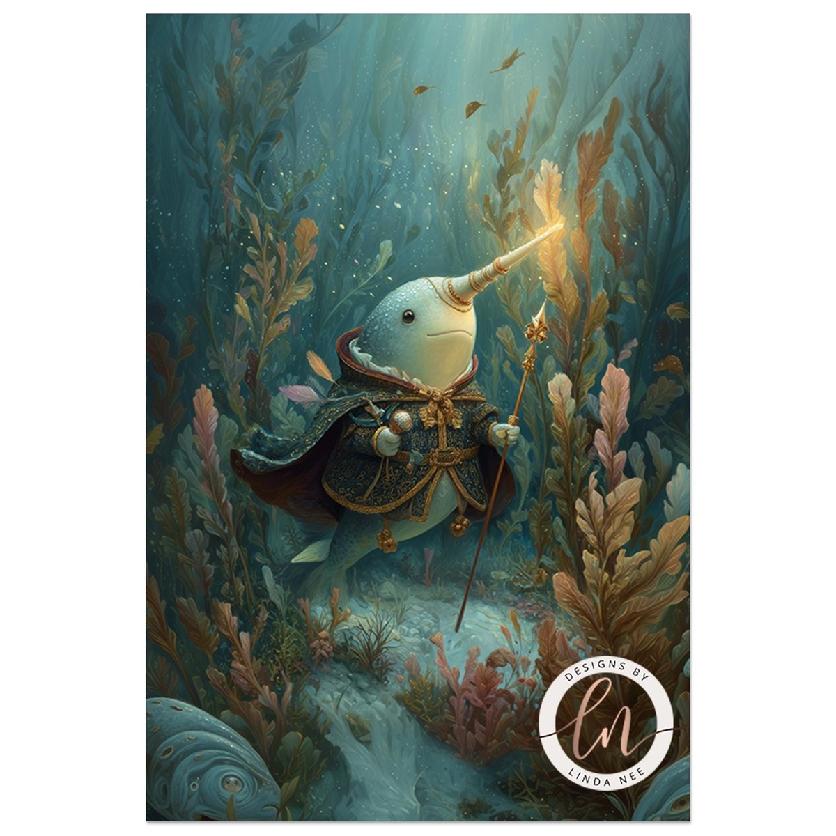 A whimsical underwater scene featuring a fantastical creature with a long, pointed horn-like appendage, surrounded by vibrant marine life and plants.