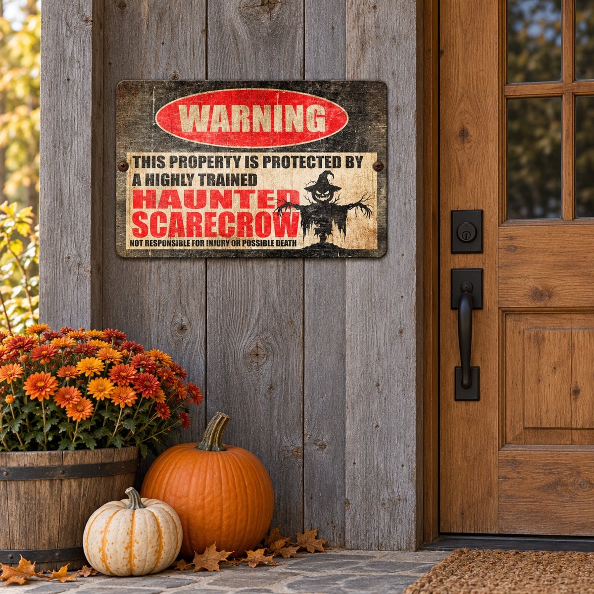 Haunted Scarecrow warning sign on a front door with pumpkins, orange flowers, and a scarecrow