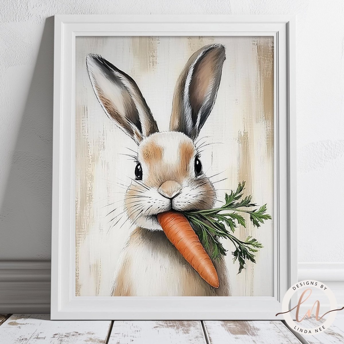 Playful bunny holding a fresh carrot in the countryside