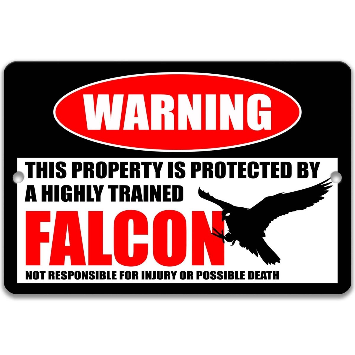 Falcon warning metal sign, glossy black, red WARNING oval and diving falcon silhouette