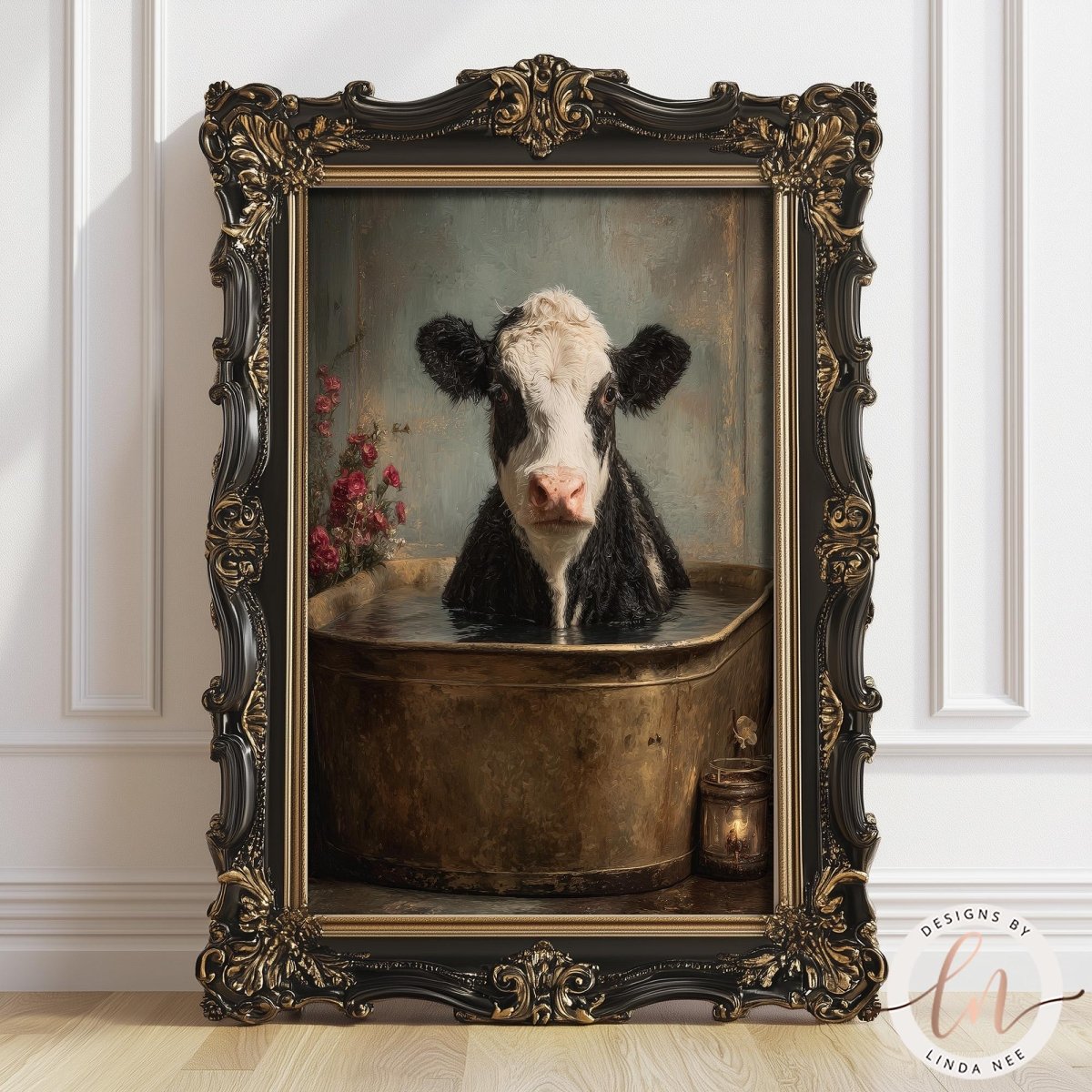 A black and white cow is sitting in a large metal tub, surrounded by flowers, in an ornate gold frame.
