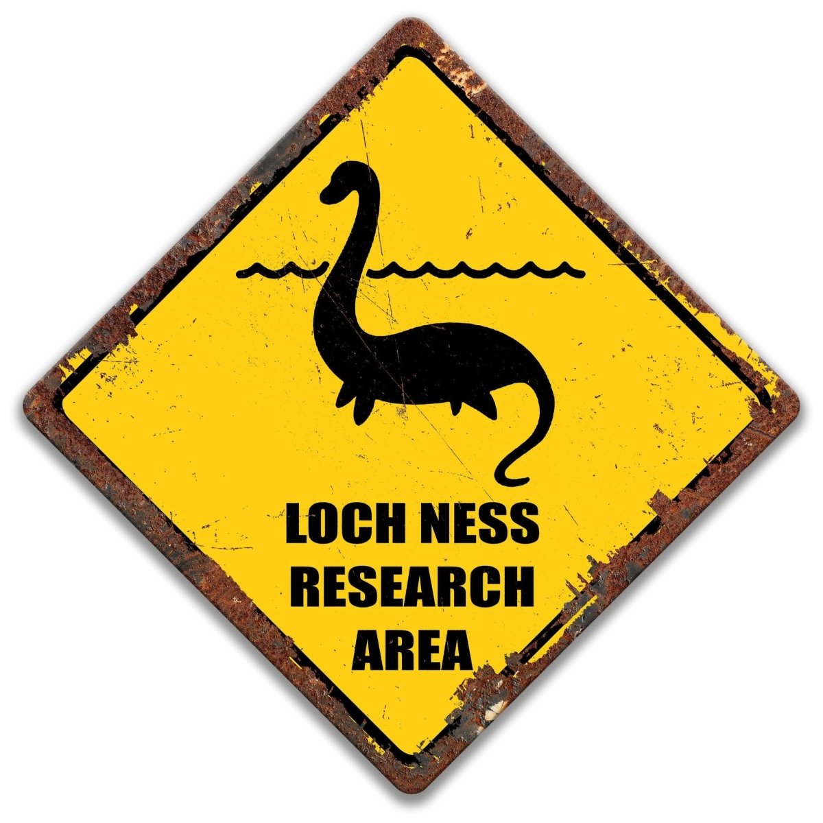 A yellow diamond-shaped sign with a black silhouette of a Loch Ness Monster and the text "Loch Ness Research Area" on it.