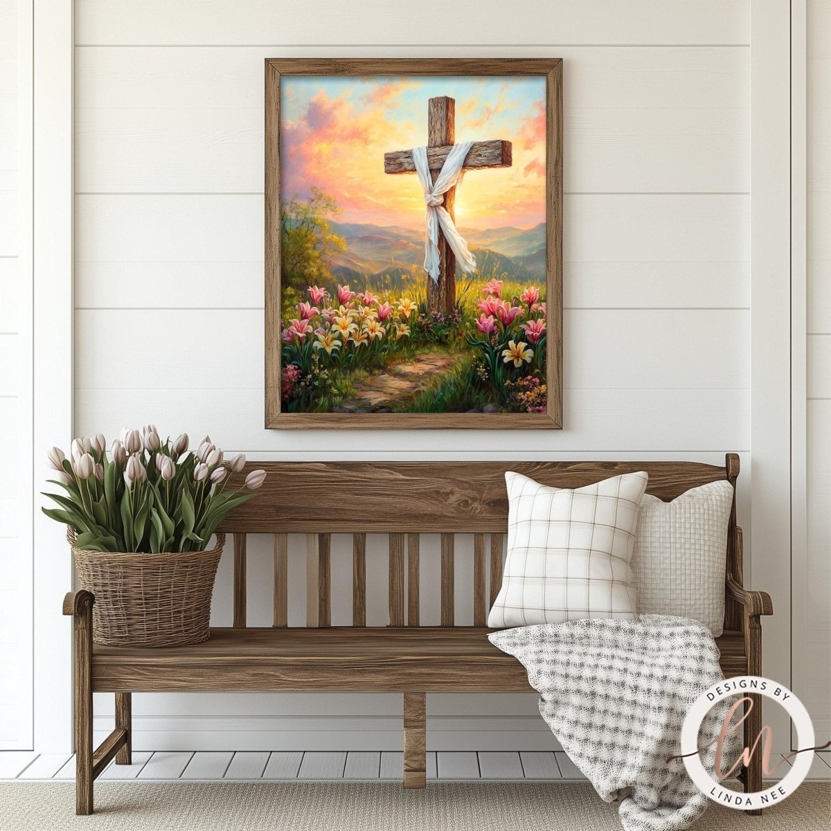 Cloth draped cross surrounded by morning glory flowers
